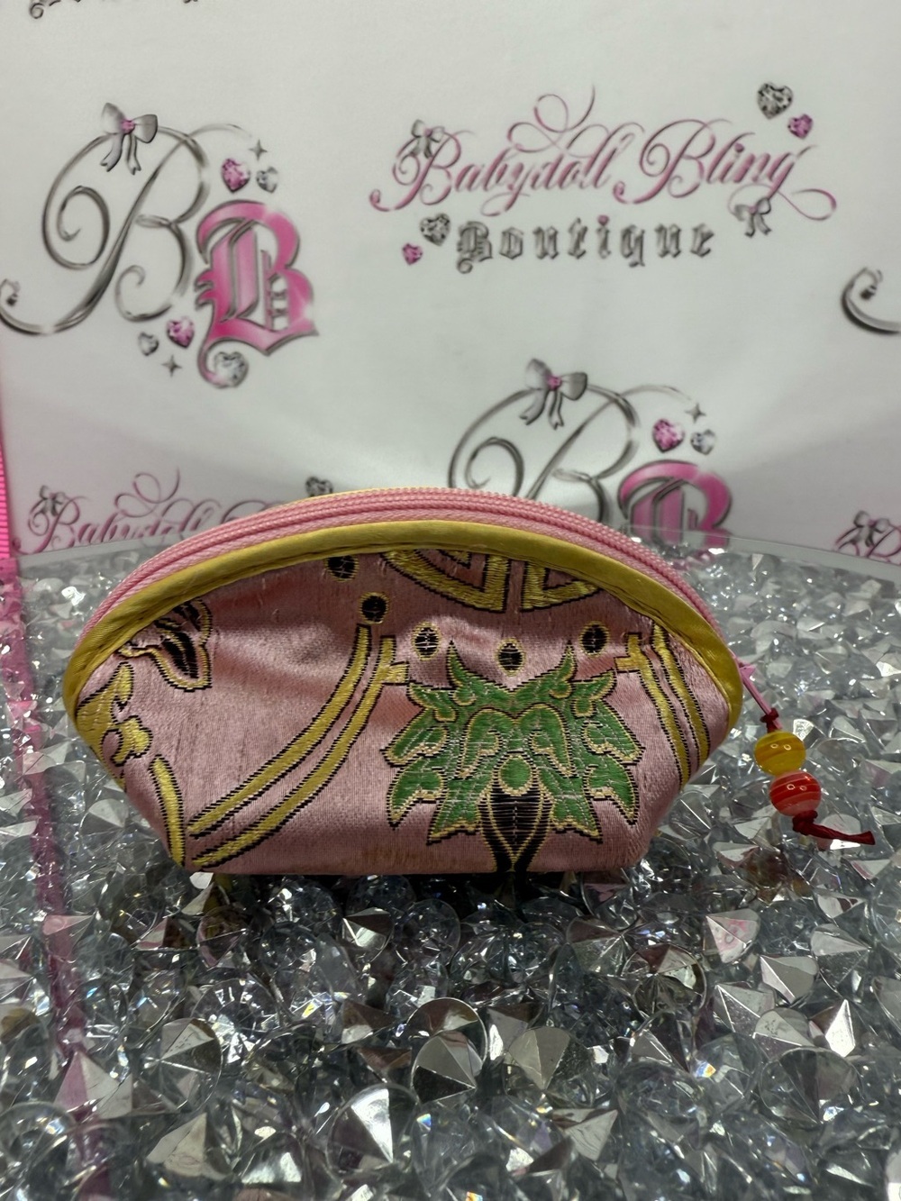 Mini bag beads Pink Embroidered Silk Cosmetic Pouch